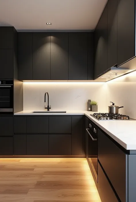 ￼ Integrated apartment kitchen with straight linear countertop from wall to wall Black and sea-colored cabinet Wood floor White porcelain tiles pulled towards gray Lighting in the cabinets and countertop Decoration and in front of the kitchen countertop a ...