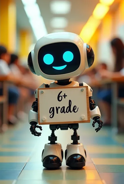 A small and kind robot with a sign saying 6th grade A in Brazilian Portuguese