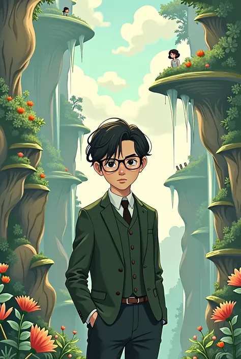 Create an image of an MBTI Architect (INTJ) character in a Ghibli-style. The character should have a thoughtful and strategic demeanor, with a whimsical and magical setting that reflects their imaginative and visionary nature. Use soft, detailed, and fanta...