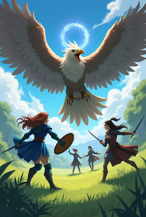 A griffon and a hero&#39;s party fighting in the grassland,Griffins are very strong monsters that eat goblins., The brave party、Blue Armored Heroine、A well-built man warrior with a shield、A mysterious summoner in ethnic clothing holding a spellbook、Four mo...