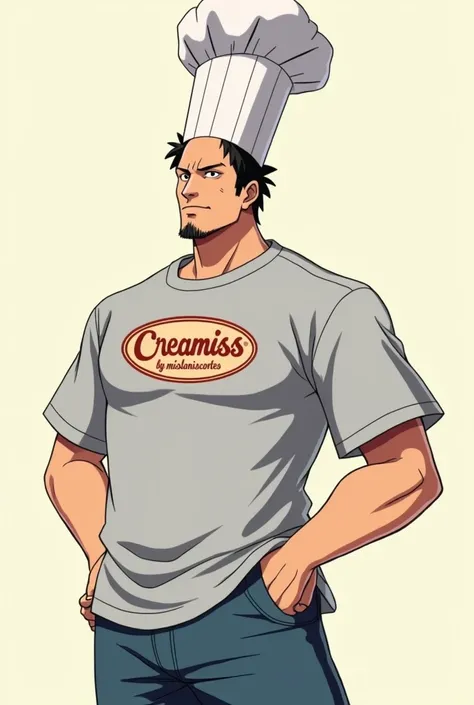 Image of the one piece chef wearing a grey t-shirt with the creamissbymislaniscortes logo