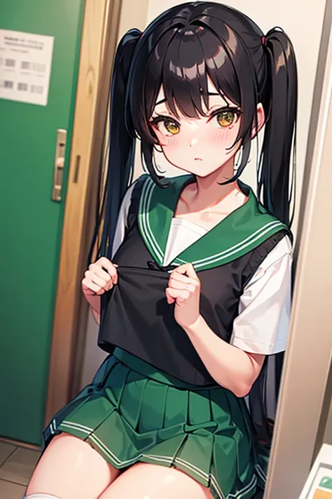 Beautiful girl, black hair, twin tails, green sailor uniform, mini skirt, white loose socks