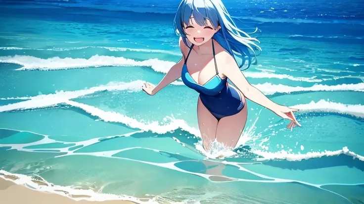 A woman wearing a separate swimsuit、Please draw an illustration of someone playing in the ocean while holding on to a swim ring.。The woman is laughing cheerfully、Having fun in the crystal clear water。In the background、It depicts the blue sea and a slightly...