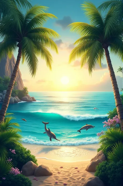 A island with beautiful coconut tree  is surrounded by the ocean in which dolphin and tortoise with sunrise 