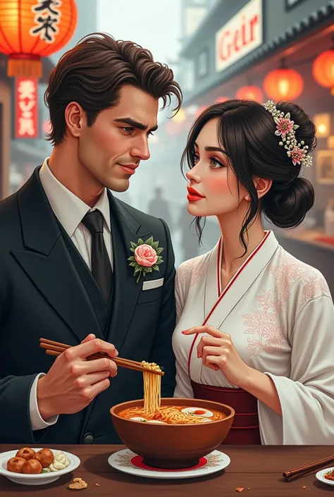 A drawing base of a German man with bushy eyebrows and a Japanese woman with short shoulder-length hair eating ramen at a street restaurant dressed in wedding attire 
