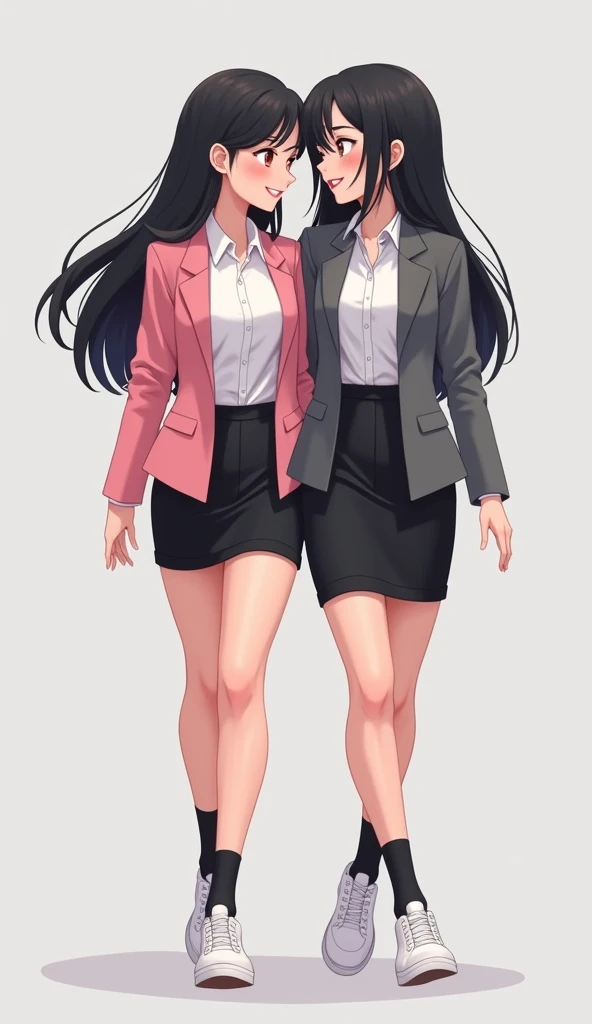 Two young womens, long black hairs, yuri, same height, lesbian.

The first young women wear a pink suit jacket, white shirt, black pencil skirt 14 cm, black underpants, black socks, white sneakers low top.

The second young women wore a grey suit jacket, w...