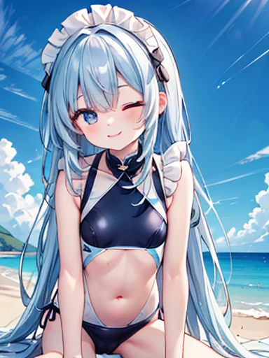 ((masterpiece、4K、8k、Highest quality: 1.Perfect Fingers: 1.Perfect Anatomy: 1.3、Background Blur))、((Ultra-precise expression))、((、thin、Small face、Super Beauty、Straight Long Hair))、((I like rumors、Maid Swimsuit:1.3))、barefoot、Cute eyes：1.1、(Smile with one ey...