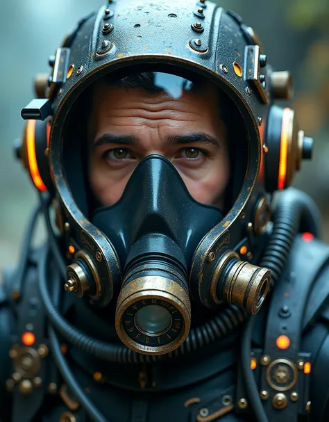 ultra-realistic, photorrealistic, male diver, work of art, (Facial Focus:1.3), gorgeous eyes, (wearing commercial diving suits with diving equipment that looks like a cyberpunk, intrikate, complex hard armor mecha with neon sign), (fully equipped for divin...