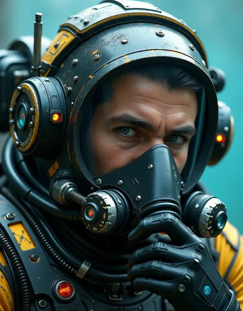 ultra-realistic, photorrealistic, male diver, work of art, (Facial Focus:1.3), gorgeous eyes, (wearing commercial diving suits with diving equipment that looks like a cyberpunk, intrikate, complex hard armor mecha with neon sign), (fully equipped for divin...