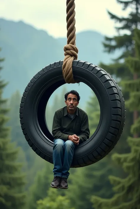 A man sit inside a tire tired with a very long rope 
That is tied with tyre hanging it like he is doing potty sitting on a tire and background will be in forest the tired should not be tergitta ground it should be hanging in air and the Rope should be tied...