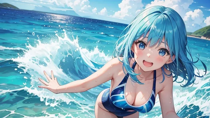 A woman wearing a separate swimsuit、Please draw an illustration of someone playing in the ocean while holding on to a swim ring.。The woman is laughing cheerfully、Having fun in the crystal clear water。In the background、It depicts the blue sea and a slightly...