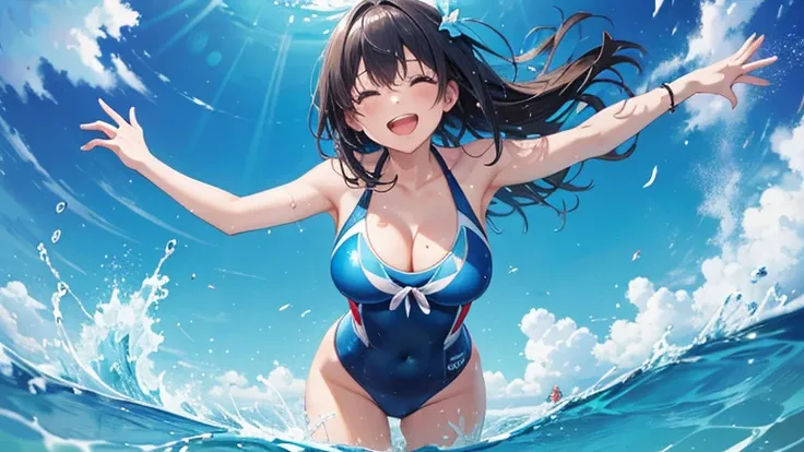 A woman wearing a separate swimsuit、Please draw an illustration of someone playing in the ocean while holding on to a swim ring.。The woman is laughing cheerfully、Having fun in the crystal clear water。In the background、It depicts the blue sea and a slightly...