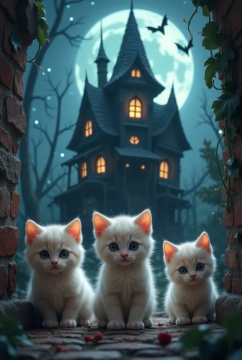 Three kittens in front of a haunted house at night