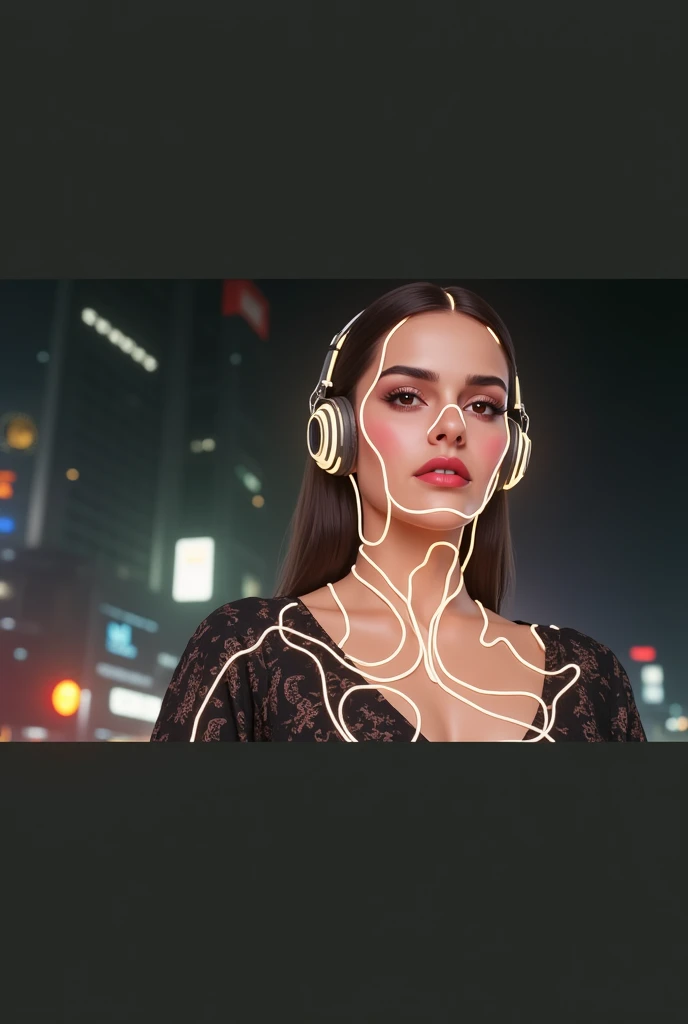 Sonam Kapoor look a like, glowing wires, headphone,  dark city, reflective puddles, neon signs,, Photorealistic, Hyperrealistic, Hyperdetailed, analog style, soft lighting, subsurface scattering, realistic, heavy shadow, masterpiece, best quality, ultra re...