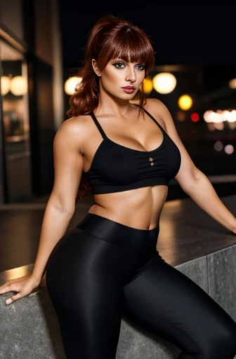 30 year old woman, tanned, serious face, makeup, black eyes, lipstick, perfect hands, wavy red hair with bangs, ponytail, leggings, thick thighs, high heels, sex, standing, bar at night