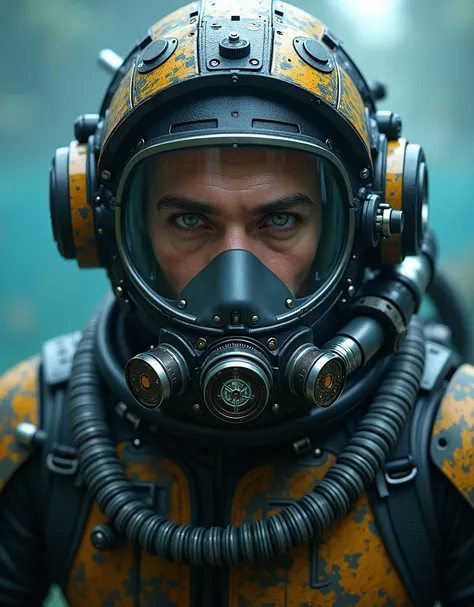 ultra-realistic, photorrealistic, male diver, work of art, (Facial Focus:1.3), gorgeous eyes, (wearing commercial diving suits with diving equipment that looks like a cyberpunk, intrikate, complex hard armor mecha with neon sign), (fully equipped for divin...