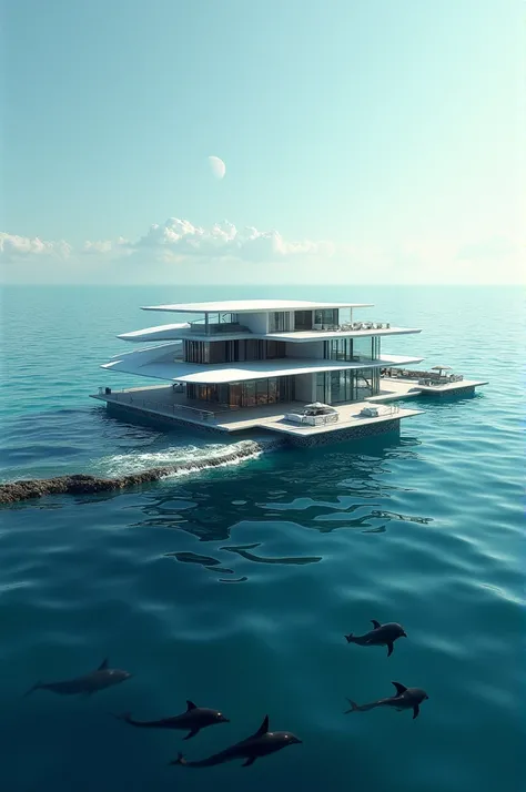 A beautiful house in the ocean with robectic feel surrounded  by water and dolphin 