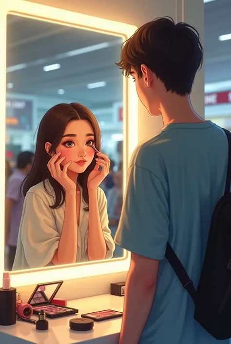  A girl doing makeup in front of mirror in dressing room in the mall with boy friend 