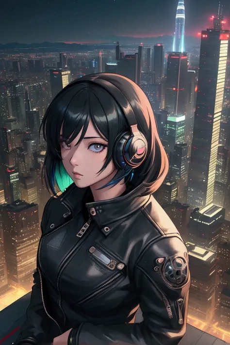 ((Highly detailed anime art)),Overlooking the big city from the rooftop,Top view,Cyberpunk City,Night view,Starry Sky,Woman wearing a leather jacket,Bobcut,sunglasses,tobacco ,Neon Light,Inner Color,Extensions,headphone,He has a futuristic device attached ...