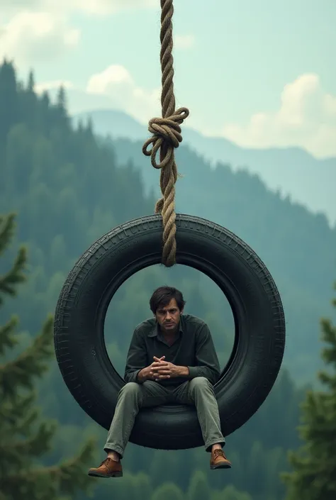 A man sit inside a tire tired with a very long rope 
That is tied with tyre hanging it like he is doing potty sitting on a tire and background will be in forest the tired should not be tergitta ground it should be hanging in air and the Rope should be tied...