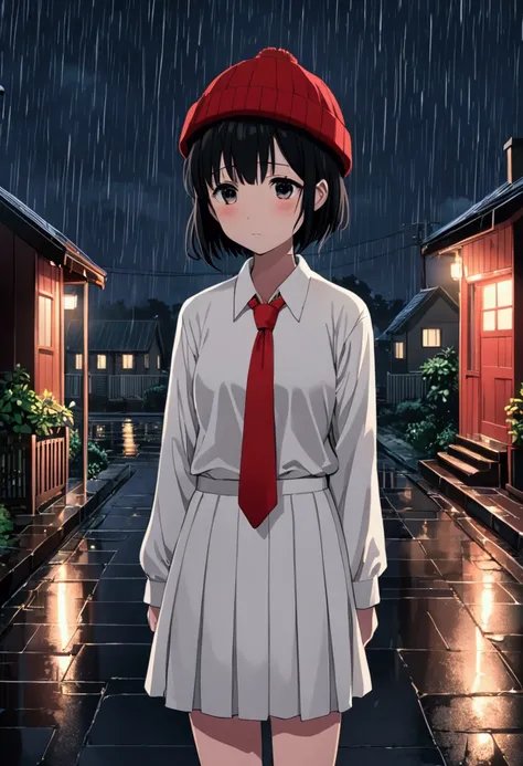 anime girl, short black hair without bangs, black eyes, wearing a white shirt, red tie, white knee-length skirt, wool hat red, blush, a bit sad, it was raining at night, looking at the houses with low lights on