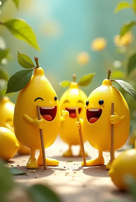 Please create an image of lemons with sticks in their hands 
