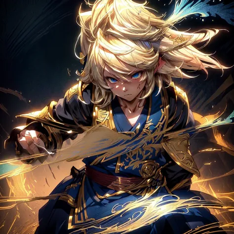 Profile picture of a serious, blond-haired lalafel man with an anatomically perfect face and body, dynamic pose, blood aura, cinematic lighting, god rays, (anime style:1.2), UHD, masterpiece, accurate, high quality, highres