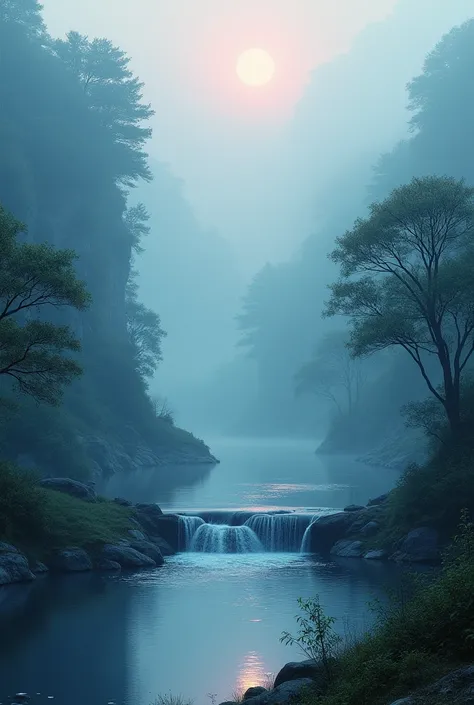 Analog Style,Chroma V5,Nbinkupunk,(非常にdetailedな CG ユニティ 8k 壁紙),majestic river image, Trees on both sides々but, Small waterfall, Thick Fog ,Award-winning photography, chromatic aberration, detailed , High resolution, bloom, Monet&#39;s Style, Pissarro, Sisle...