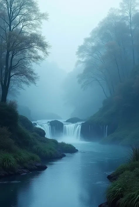 Analog Style,Chroma V5,Nbinkupunk,(非常にdetailedな CG ユニティ 8k 壁紙),majestic river image, Trees on both sides々but, Small waterfall, Thick Fog ,Award-winning photography, chromatic aberration, detailed , High resolution, bloom, Monet&#39;s Style, Pissarro, Sisle...