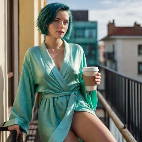 (((Woman, 20 Years Old, Nordic Ethnicity, short blue hair, perfect face, light freckles, Blue-Green Eyes))), ((standing on a balcony, leaning against the railing with one leg bent)), (wearing a silky, (((beige))) thigh-length robe that slightly opens at th...