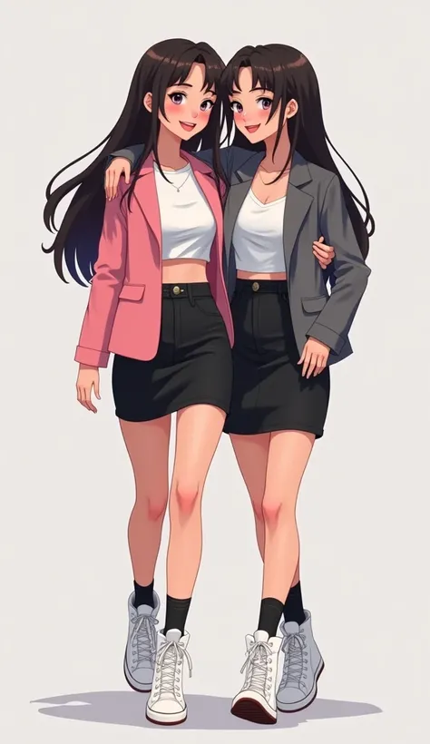 Two young womens, long black hairs, yuri, same height, lesbian.

The first young women wear a pink suit jacket, white shirt, black pencil skirt 14 cm, black underpants, black socks, white sneakers high top.

The second young women wore a grey suit jacket, ...