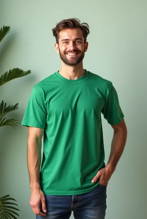 a man standing with a green t-shirt mockup