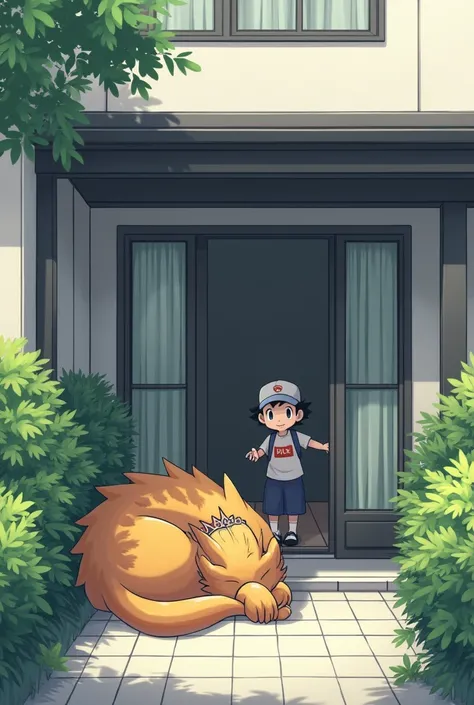 A collared griffin is sleeping comfortably curled up in the entrance of a house in a modern Japanese residential area., The elementary school Pokémon Master opens the front door and heads out cheerfully.