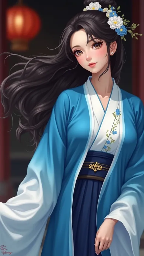 arafed woman in a blue kimono with flowers in her hair, palace ， a girl in hanfu, beautiful character painting, artwork in the style of guweiz, wearing ancient chinese clothes, beautiful digital artwork, beautiful alluring anime woman, wearing blue robe, h...