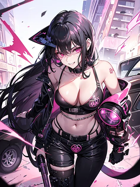 pink eyes, black hair. sadistic women, long wavy hair. strong woman.  dominant woman. mafia. mature woman. girl boss. background in town. she a spy. sadistic smile. punk girl. wear motor jacket. gangster