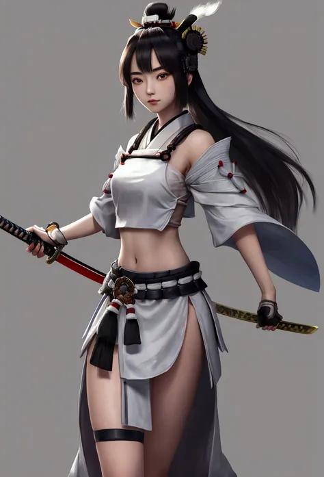 ronin girl, croptop showing navel, sword, japanese samurai hat