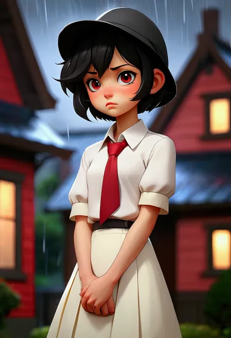 anime girl, short black hair without bangs, black eyes, wearing a white shirt, red tie, white knee-length skirt, wool hat red, blush, a bit sad, it was raining at night, looking at the houses with low lights on