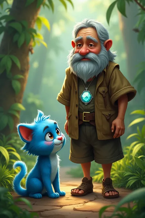 A cute little kitten  with blue color come to a poor old man with small French beard in brown clothes with a big gem in the jungle ai image