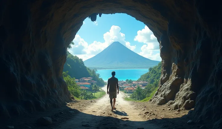 Draw a picture showing a man walking alone into a large tunnel. The end of the tunnel shows a view of the ancient village of Ternate, North Maluku, Indonesia with the ocean and Mount Ternate. Emphasize the contrast between the dark, rough ground of the tun...