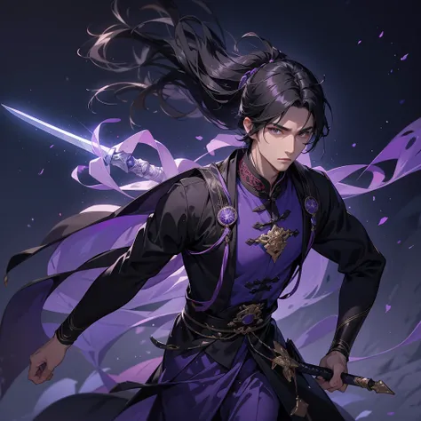 A Handsome black-hair male holding a large sword in black-purple ancient chinese costume, Background is a dark moonless night, with dry trees in the background, and purple glowing light,close up.