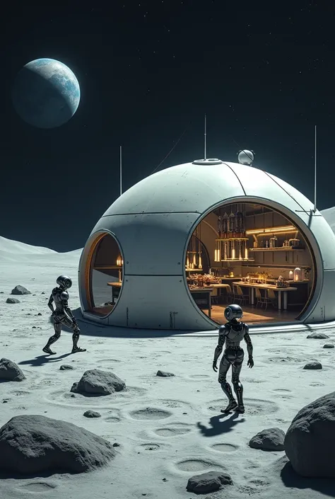 Give me a picture of robots working in a restaurant on the moon. This restaurant is closed, but it has an opening that makes the rockets fit inside it. 