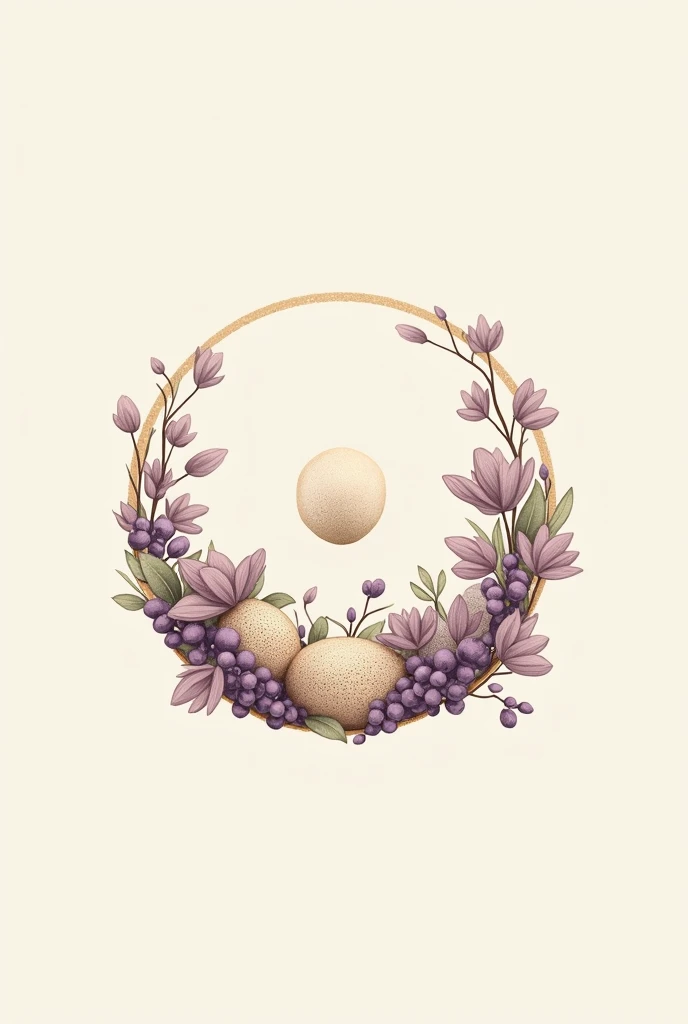 Create a circular logo that represents something small and tiny with white and beige colors, surrounded by plants and purple grapes, more aesthetic, more like a logo, more detailed and creative