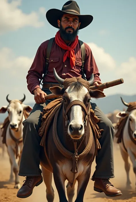 Typical Brazilian from the first half of the 20th century,drover riding a pack mule with saddlebags,playing white nelore cattle, wearing black curved wide brim hat, red silk scarf knotted around the neck, wine colored shirt, guaiaca with paired knife from ...