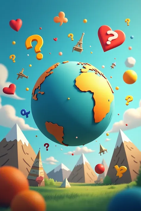 Create a vibrant, eye-catching image for a quiz video about geography. The image should include a large globe at the center, surrounded by various geographical elements like maps, compasses, and landmarks such as the Eiffel Tower, pyramids, and mountains. ...