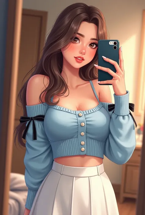 Create an illustration of a young woman with a stylish and modern appearance, standing in a cozy, warmly-lit indoor setting, such as a bedroom or a dressing room. The woman is taking a mirror selfie with her smartphone, capturing a confident and poised exp...