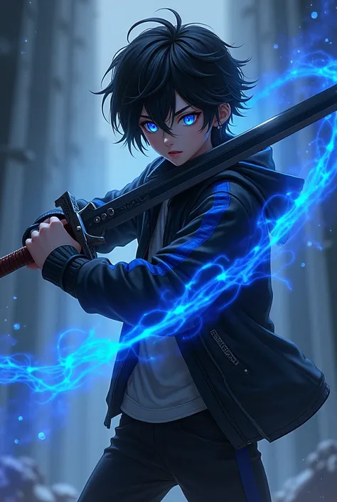 Teenager with star eyes black pants,wield one pure void black sword,black hair
Black jacket with blue chroma stripe on left and right arm,black void aura