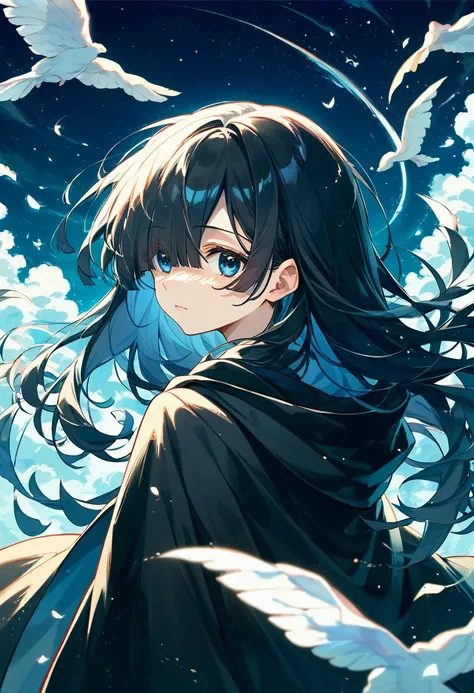 eyes visible through hair / bangs,(hair over one eyes),Long Black Hair、((Beautiful Blue Eyes)),Cute Girls、Wearing a black cloak、Hair fluttering in the wind in the night sky