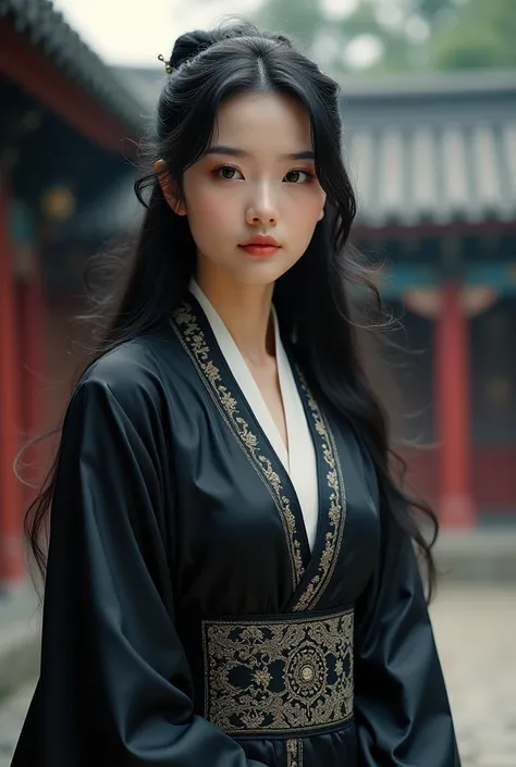 1girl,full body,extremely detailed  face, beautiful detailed eyes,light on face,cinematic lighting,looking at viewer,outdoors,Black hair,(balck Chinese architecture:0.05),hanfu,