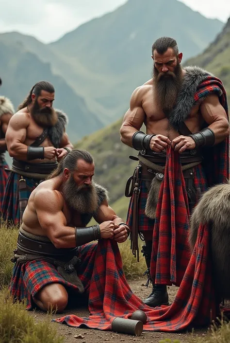 Warriors with tartan kilt being sewn