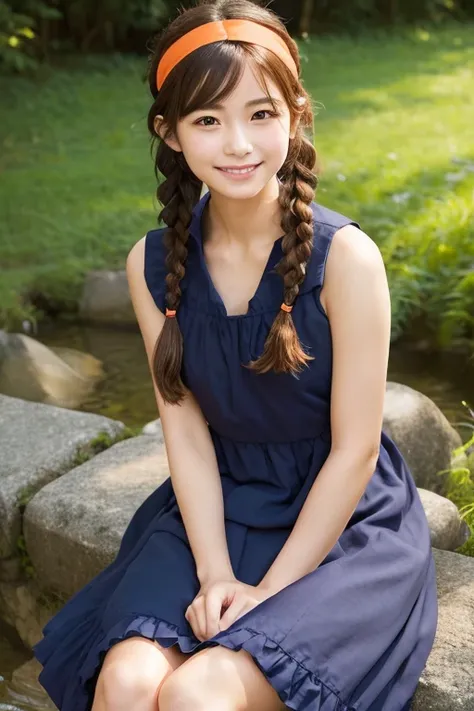 (((masterpiece))), ((photo realistic:1.3)), (detailed), fine, (full body), Japanese girl,,(broad jawline,puffy face), no make up,twin braids, brown hair, messy hair, (Navy Tiered Dress:1.3), (redorange headband), shy smile, nature